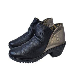 Fly London Womens Booties, Leather, Heeled, Bronze, Black, Size 39 / US 8-8.5